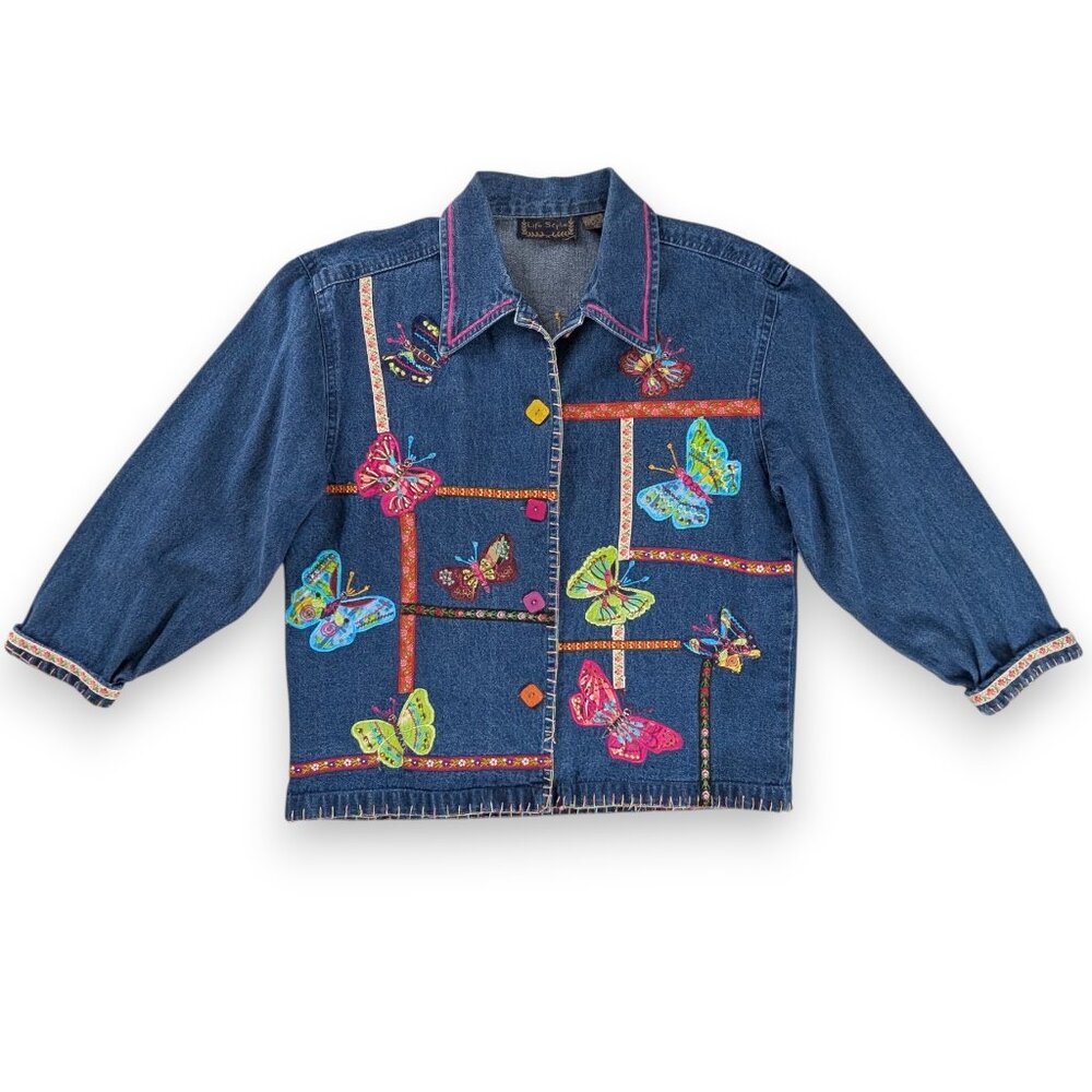 VTG Blue Pink Denim Butterfly Embroidered Floral Patches Cuffed Button Up Jacket